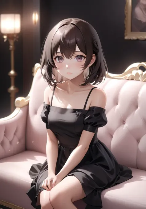 highres,best quality,photo,natural,
a cute anime girl sits on a couch in a black dress, in the style of 8k, subtle pastel tones, shiny/glossy, dark brown and white, catcore, eerily realistic, i can't believe how beautiful this is
