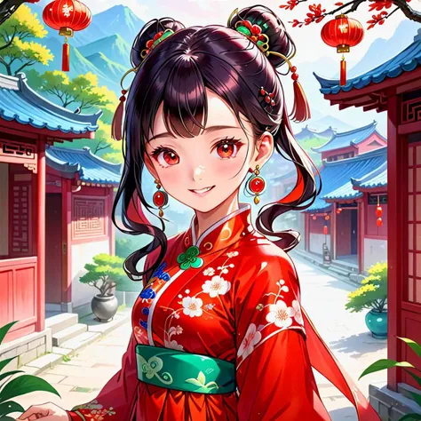 masterpiece, best quality, highres, high-resolution, official art, pixiv id, original, sidelighting, a young girl in chinese village, tang, wearing dress and jewelry, red silk, jade pendant, earrings, shy, cute smile, eyelashes, ming, three kingdoms, shiny hair, intricate embroidery ornated, illustration in neo-traditional style, vibrant, oriental aesthetics asia, classical manhua anime artwork trending at weibo, gentle colors, subtle shading with smooth shape, album cover