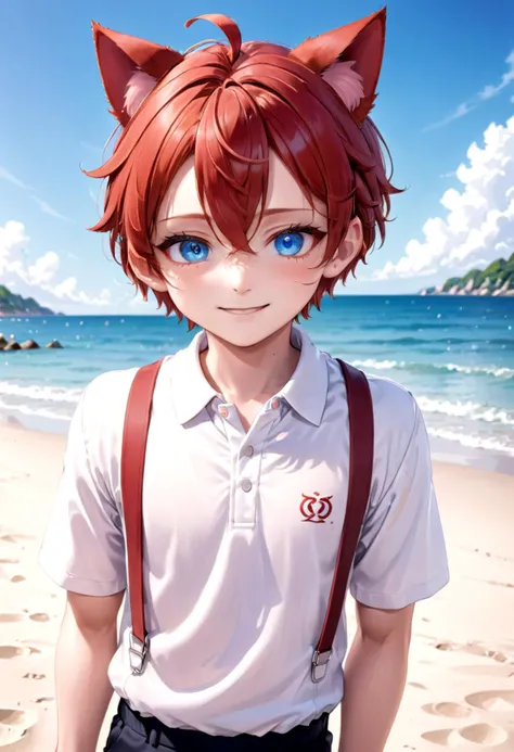 <lora:Aki_epoch_13:0.6>, (1boy:1.2), beach, smile, ( crimson cat ears:1.4), (red ears), male face, male body, more details in eyes, (very short hair:1.2), hair between eyes, cute, adorable boy, cute face, detailed face, handsome, young, juvenile, white skin, eyeshadow, crew cut, crimson hair, details sky, looking at viewer, blush, blue eyes, full shot, red suspenders, (pants), (white polo shirt), aki,petite,
(masterpiece:1.2), best quality, high resolution, unity 8k wallpaper, (illustration:0.8), (beautiful detailed eyes:1.6), extremely detailed face, perfect lighting, extremely detailed CG, (perfect anatomy),