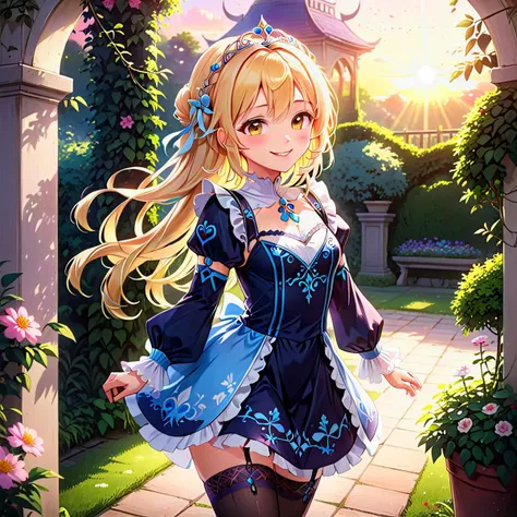 masterpiece, best quality, highres, high-resolution, official art, pixiv id, original, sidelighting, anime illustration of a princess wearing circlet and minidress, juliet sleeves, embroidery, garter stockings, blonde hair, at garden, sunrise, looking back, grin, cinematic artstyle with realistic shading