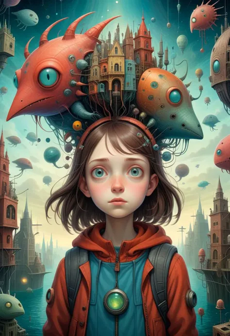 Portrait of a {tech genius teenage girl, surreal dreams about strange creatures from otherworldly univers, strong emotional emphasis, rich colors in atmosphere}, (detailed bioarchitecture landscape background:1.25), by (Shaun Tan:1.36), 4k textures, ultra detailed, trending in artstation