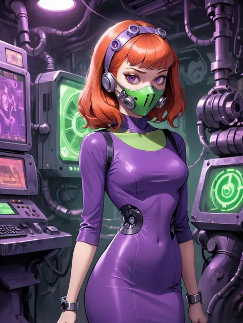 Daphne (cyberpunk:1.3) feme fatale in expensive purple dress with a mechanical green mask and red hair at a smart but dangerous (high-tech cyperpunk club:1.4, highly realistic digital painting <lora:daphne-000004:0.65>