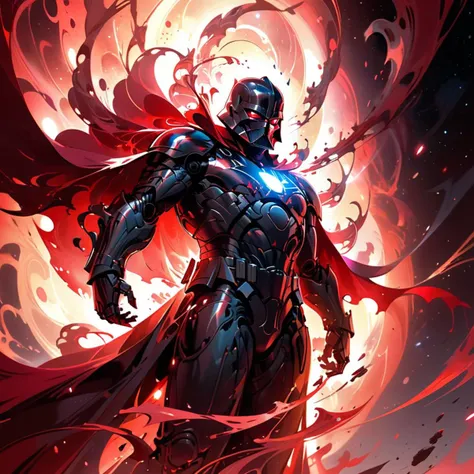 A digital art depiction of Darth Vader from Star Wars, enveloped in a swirling aura of red light. His towering, imposing figure is accentuated by the ominous glow, reflecting his sinister presence. The red light twists around him like tendrils of dark energy, highlighting the contours of his iconic black armor and helmet. His cape billows dramatically, and his hand is outstretched, suggesting the wielding of the Force. The background is a starry expanse of deep space, adding to the interstellar ambiance of the scene,<lora:herocoolstyle:0.75>,