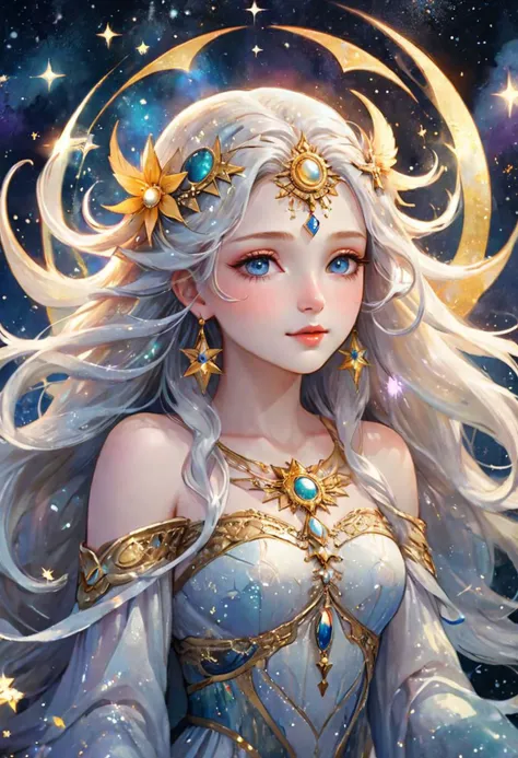{A trustworthy face portrait of the {{sun & moon goddess}}, light and dark colored hair, {{{eyes with intricate details}}}, pale skin, fair faced, elegantly dressed with a {divine themed} attire, {{falling stars}}, galaxy background}, ({watercolored styled} masterpiece:1.5), (best quality:1.5), ((UHD:1.5)), (detailed face, detailed eyes, detailed mouth, detailed body, detailed hands, detailed clothes, detailed background, detailed scenery:1.5), (aesthetic + beautiful + harmonic:1.5), ({symmetrical intricate solar details + sharpen symmetrical lunar details}:1.5)