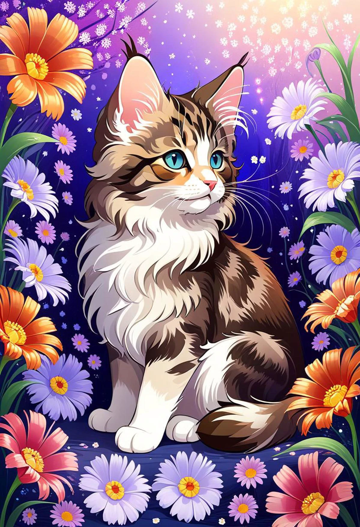 (masterpiece, top quality, best quality, beautiful and aesthetic:1.0), (beautiful cute maincoon :0.5), fantasy background with many abstract flowers, realistic