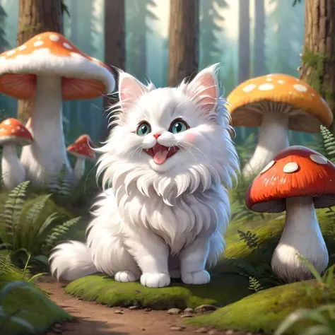 Little fluffy angora kitten, smile, side view, full body, best quality, masterpiece, highers, 4k, 8k, realistic, cartoon, background is a forest with mushroom houses