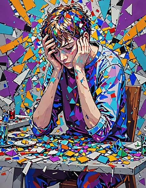 abstract expressionist painting Generate an image of a person sitting alone at a table with their head in their hands, surrounded by shattered glass and broken pieces. The color palette should be muted tones like grays, blues, and purples to convey the sense of sadness and despair associated with betrayal. . energetic brushwork, bold colors, abstract forms, expressive, emotional,