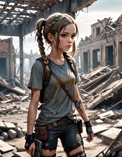 Post apocalyptic wastelander theme. An almost anorexic young adult woman rummages through the ruins of a destroyed settlement for something useful. The matted hair is braided into two pigtails. (8k detailed masterpiece, best possible quality of image reproduction, best possible color depth, highly detailed playback quality, excellent native resolution)