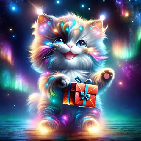 Aurora style, photo of a Cute maincoon kitten that gets a gift, very happy, defies gravity, blue eyes, space background, happy, smile