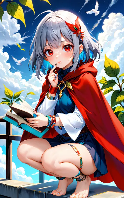 highres,best quality, 1other, bird, blue sky, blunt bangs, book, bracelet, cape, cloud, cloudy sky, colored skin, day, eyelashes, fingernails, fog, grey hair, hair over one eye, indoors, jewelry, leaf, light particles, long fingernails, looking to the side, monster girl, night, outdoors, parted lips, plant, potted plant, railing, red eyes, sand, scenery, serious, sky, solo, squatting, tree, wind, wide-eyed