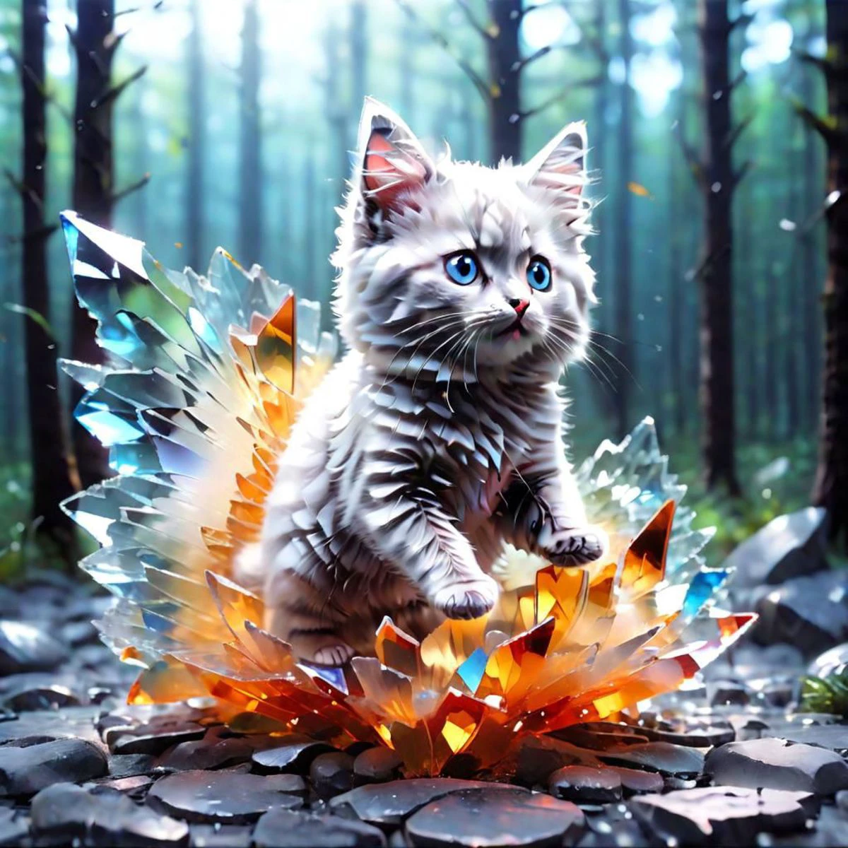 Little fluffy angora kitten made out of broken glass, big cute eyes, side view, full body, best quality, masterpiece, highers, 4k, 8k, realistic, cartoon, background is a forest with mushroom houses, cartoona-animals, Made_of_pieces_broken_glass, glass, shards, broken glass, transparent glass, pieces of glass
