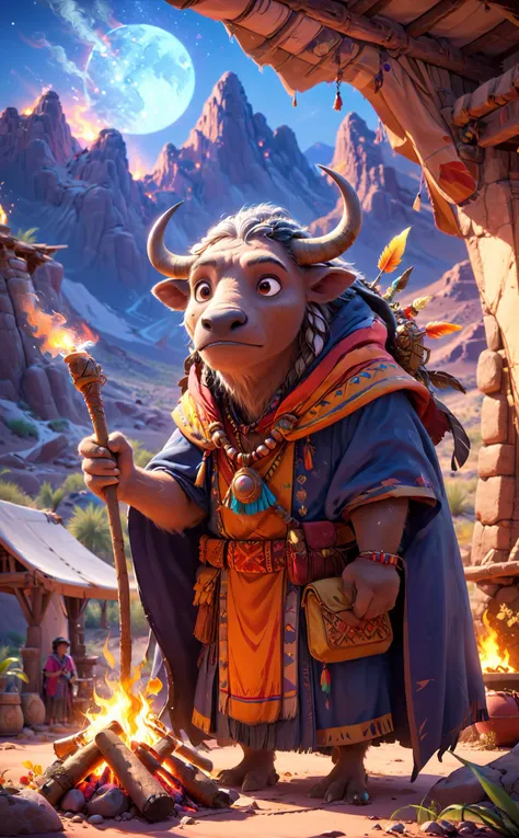 A old aged water buffalo from the western United States wearing a shaman's outfit and a hooded cloak that follows the spirits of nature, such as wind and fire, with a shaman stick and travel baggage in one hand, smoking a cigar in front of a bonfire and practicing shamanism.
Break, A vast and clear night sky with various totems and bonfires in the background of a huge desert oasis shelter.
Break, full shot, cinematic lighting, dramtic Scene,High quality 3D rendering, fantasy, Pixar 3D character design style, ZBrush high-polygon modeling,
<lora:add-detail-xl:0.8>, <lora:xl_more_art-full_v1:0.5>, <lora:Cute_3D_Cartoon:0.8>