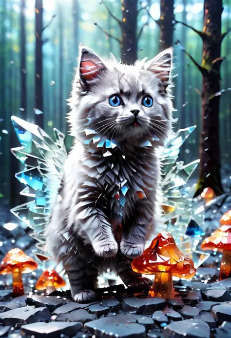 Little fluffy angora kitten made out of broken glass, big cute eyes, side view, full body, best quality, masterpiece, highers, 4k, 8k, realistic, cartoon, background is a forest with mushroom houses, cartoona-animals, Made_of_pieces_broken_glass, glass, shards, broken glass, transparent glass, pieces of glass