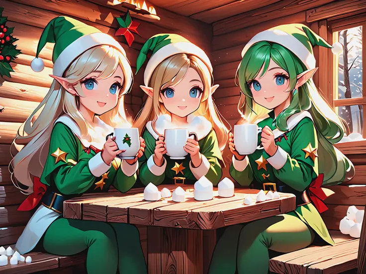 KAWAII style, 2-3 Epoch Elves is holding a mug , marshmallow. wood table. cabin.
<lora:HolidaysIdidalittlebiteXL:1> holidayxl style.