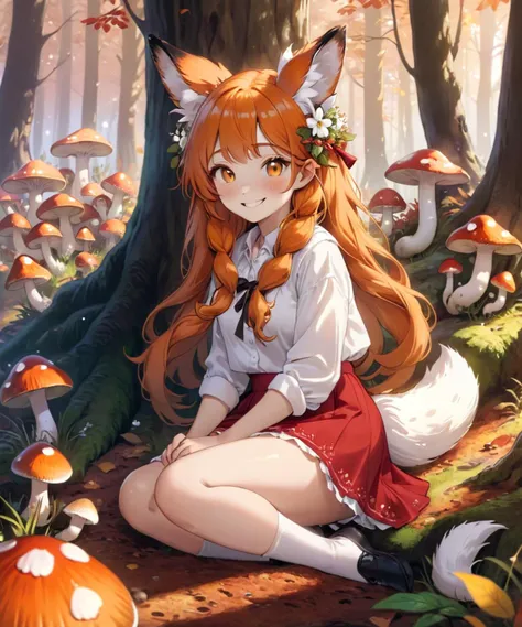 (1girl, happy, reading a story to a group of tiny gonmes with mushroom caps, sitting in the autumn forest sorrounded by mushrooms, leaning against a tree, long braided hair, curly, fox ears, fluffy fox tail, traditional eastern european clothes, white shirt, red skirt with flower pattern, fluffy ears:1,2), monster girl, amanita pantheria, forest ground, autumn, dewy, orange hair, golden hour, afternoon sun,
<lora:EnvyMonsterGirlXL01:1.0><lora:EnvyMonsterGirlXL01:1.0>