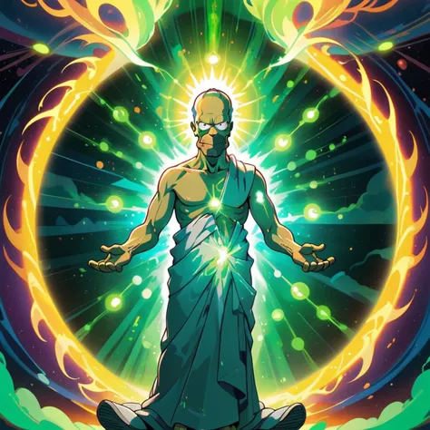 A digital art depiction of Homer Jay Simpson, his eyes emitting a vibrant green glow, symbolizing a mysterious power. Surrounding him is an array of radiant rays, representing different forms of radiation, intertwining in a dance of light and energy. His presence is encompassed by a powerful aura, creating an intense and compelling atmosphere that dominates the scene. The style is modern and dynamic, with bold colors and dramatic lighting effects to accentuate Homer's newfound energy,<lora:herocoolstyle:0.55>,