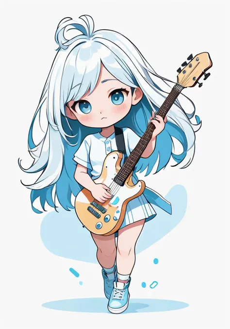 highres,best quality,natural,
Illustrator without black main lines, black contour lines, or black line drawings, flat and monochrome illustration, coloring similar to overseas animation, chibi character, full-body illustration, deformed illustration, girl holding a guitar with white and light blue as precious colors, flat illustration, simple, minimalism, white background.
