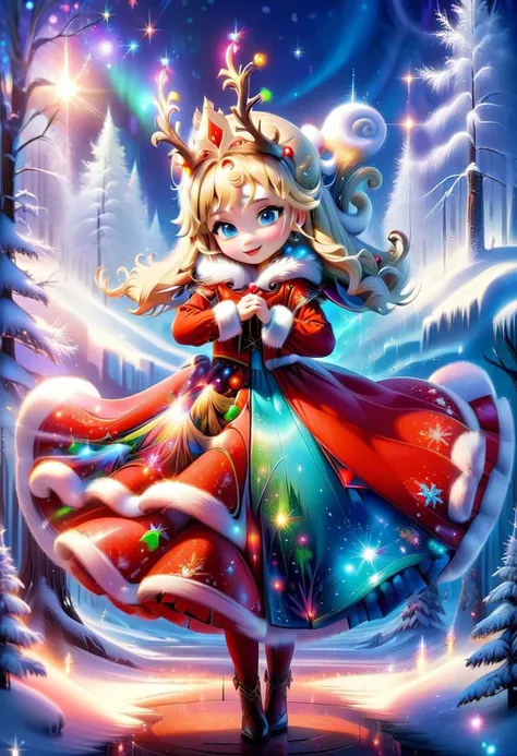 AuroraStyle, cute girl wearing red Christmas dress is hugging happy reindeer,
(snowy forest, moonlight, Christmas trees), (sparkles, sparkling clothes, sparkling eyes),