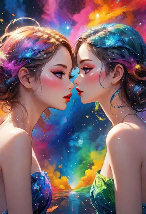 paint splash, color smokes, color splash, colorful, wet glossy, swirling, galaxy scape, supernova, (back view:2), 2girls facing each other, beautiful face, (exotic, alluring, sexy), (beautiful gorgeous face, shaped face), (detailed pupils:1), (crystal clear eyes:1.2), (colorful eyeshadows:2), (lipstick:1, lipgloss:1.2), (full lips:1.2), smirk, smile, ((masterpiece)), (high quality), (Ultra-HD), (high-resolution), (4k, 8k, 16k), (epic), (insanely detailed:1), (hyper-realistic:1), (HDR, vivid colors, colorful), (vfx, bokeh), (volumetric lighting, global illumination, ray tracing:1), absurdres, RAW, award winning photography, professional film photography, film photography:1.2, photorealistic, depth of field, shallow focus, (soft lighting:1), (digital photography:1.5), (cinematic lighting:1), (cinematic film photography:1.5)