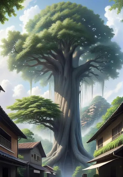 hyperrealistic, A towering tree with branches that extend into the sky, forming a natural canopy that shelters a hidden village nestled amidst its leaves.