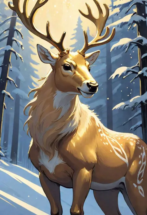Graphic novel style, Illustration of a golden reindeer, spirit of christmas, mythical animal, beautiful, highly detailed, masterpiece, 8k, art by Phil Noto and Greg Rutkowski