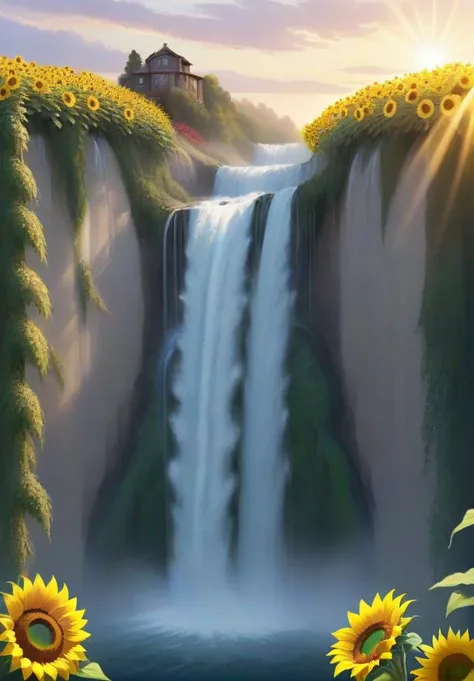 A majestic waterfall cascading down a giant, blooming sunflower, creating a mesmerizing spectacle of nature's beauty.