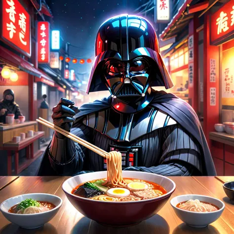 darth vader on a japanese jiro ramen shop, he is eating jiro ramen , Digital illustration, very vibrant colors, soft lighting, sci-fi, sharp lighting, 8K, octane render, trending on ArtStation, digital art