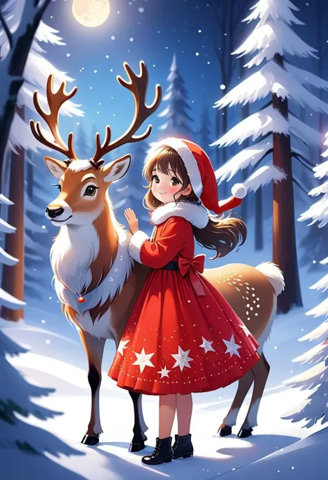 cute girl wearing red Christmas dress is hugging happy reindeer,
(snowy forest, moonlight, Christmas trees), (sparkles, sparkling clothes, sparkling eyes),