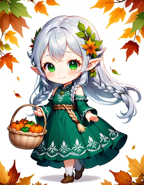 highres,best quality,detailed background,
A chibi elf girl, around 50 years old, with long silver hair in a braid wearing a flowy emerald green dress adorned with delicate leaf patterns. She is happily carrying a basket of colorful autumn leaves, her pointed ears peeking out under her braided hair.
