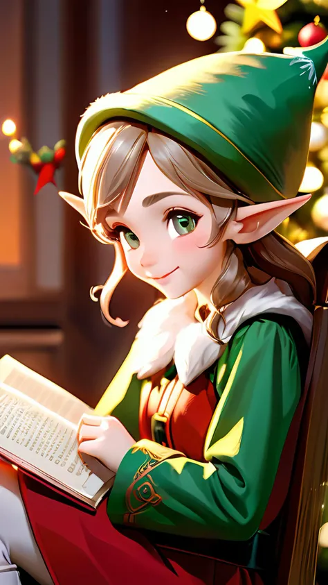 1 epoch elf. reading a book. Christmas tree, Christmas decorations, chair. soft smile. face close-up.
shoot from side. best quality. ultra detailed. 8k. realistic. mysterious.