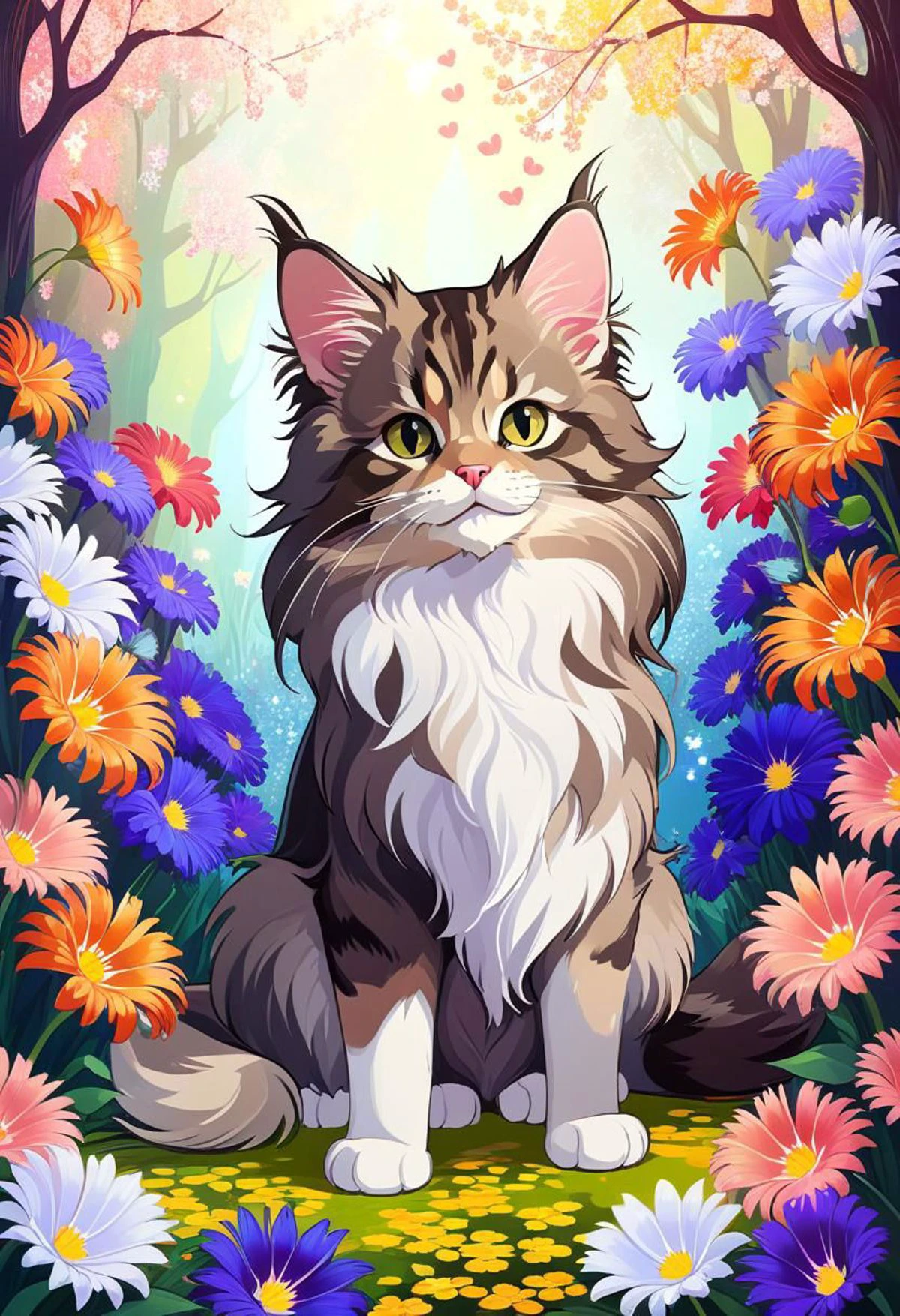 (masterpiece, top quality, best quality, beautiful and aesthetic:1.0), (beautiful cute maincoon :1.0), fantasy background with many abstract flowers