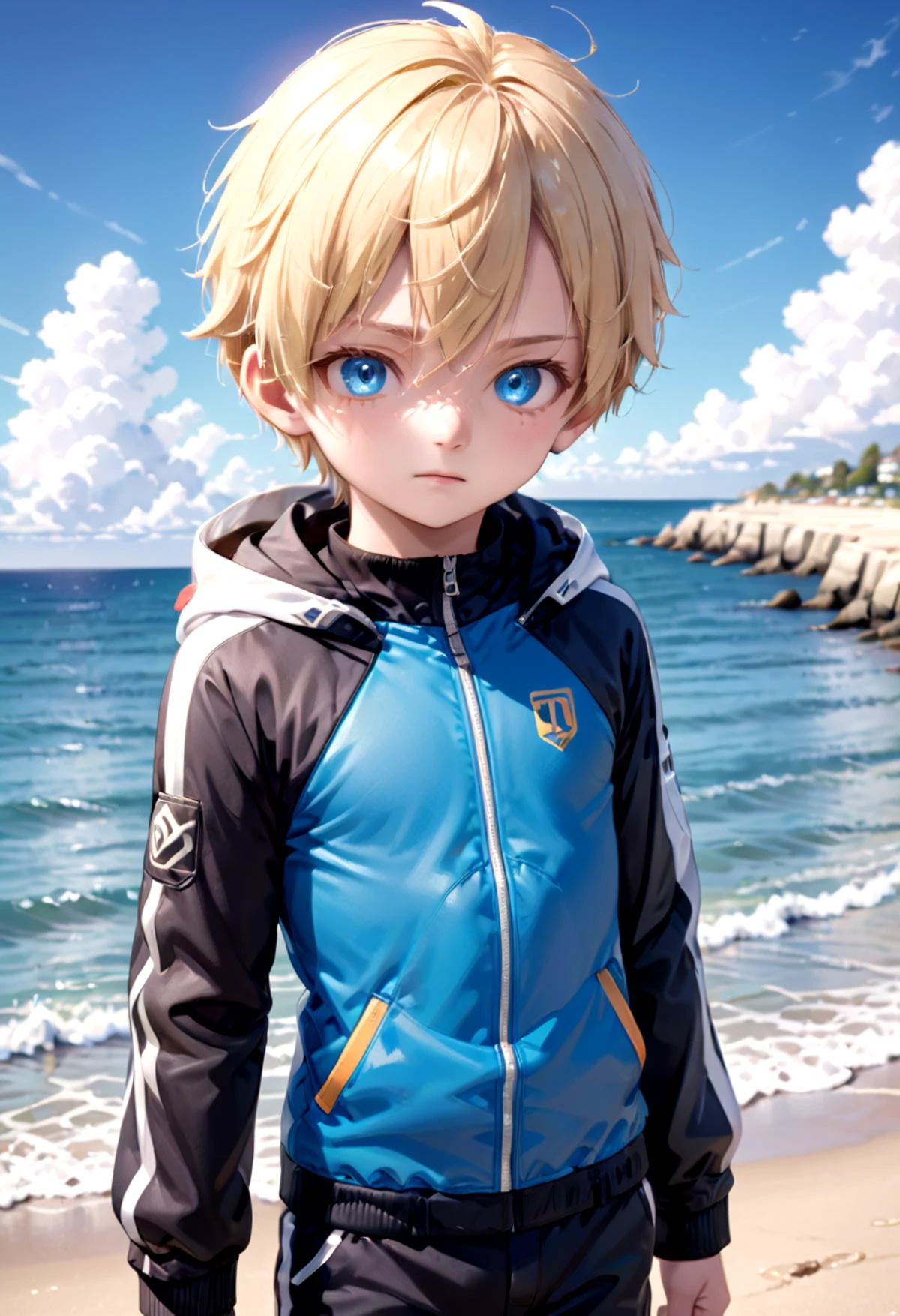 <lora:sota_epoch_13:0.6>,sota, solo,looking at viewer,short hair,bangs,blue eyes,blonde hair,long sleeves,1boy,hair between eyes,closed mouth,standing,wide rashguard jacket,male focus,cowboy shot,outdoors,sky,day,pants,cloud,hood,water,blue sky,ocean,beach,black pants,hood down,child,multicolored clothes,zipper,horizon,male ,wall,multicolored jacket,two-tone jacket , (masterpiece:1.2), best quality, high resolution, unity 8k wallpaper, (illustration:0.8), (beautiful detailed eyes:1.6), extremely detailed face, perfect lighting, extremely detailed CG,
The soft lighting and detailed surroundings create an immersive environment where imagination runs wild hyper-detailed,hyper-detailed face, high quality visuals, dim Lighting, sharply focused, octane render, 8k UHD