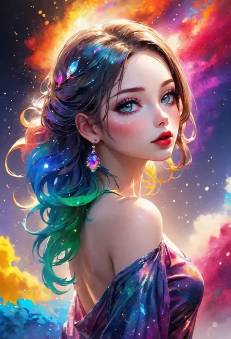 paint splash, color smokes, color splash, colorful, wet glossy, swirling, galaxy scape, supernova, (back view:2), 1girl, beautiful face, (exotic, alluring, sexy), (beautiful gorgeous face, shaped face), (detailed pupils:1), (crystal clear eyes:1.2), (colorful eyeshadows:2), (lipstick:1, lipgloss:1.2), (full lips:1.2), smirk, smile, ((masterpiece)), (high quality), (Ultra-HD), (high-resolution), (4k, 8k, 16k), (epic), (insanely detailed:1), (hyper-realistic:1), (HDR, vivid colors, colorful), (vfx, bokeh), (volumetric lighting, global illumination, ray tracing:1), absurdres, RAW, award winning photography, professional film photography, film photography:1.2, photorealistic, depth of field, shallow focus, (soft lighting:1), (digital photography:1.5), (cinematic lighting:1), (cinematic film photography:1.5)