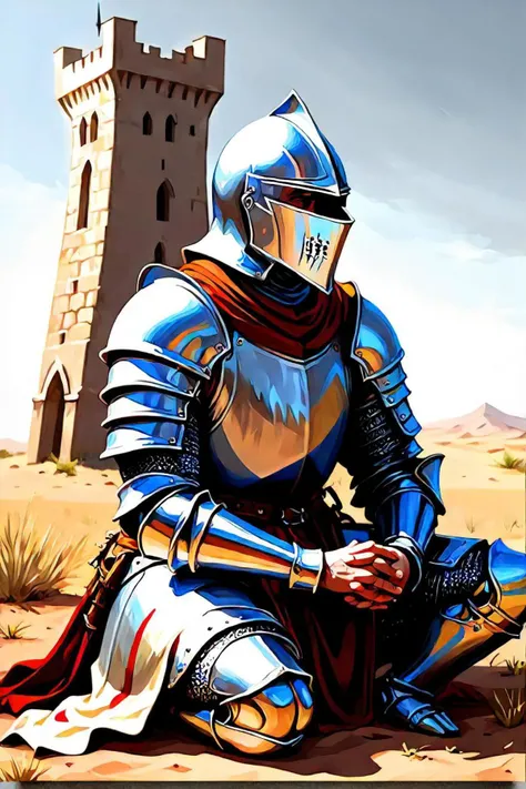 painting of a man in a medieval outfit sitting in a field, ancient epic tower in the desert, jesus christ in modern science fiction, ((photorealistic)), in africa, photo 2010, d & d style full body portrait, (((knight))), doing a prayer, art print, wookie, utah, caravagio, frenetic oil painting