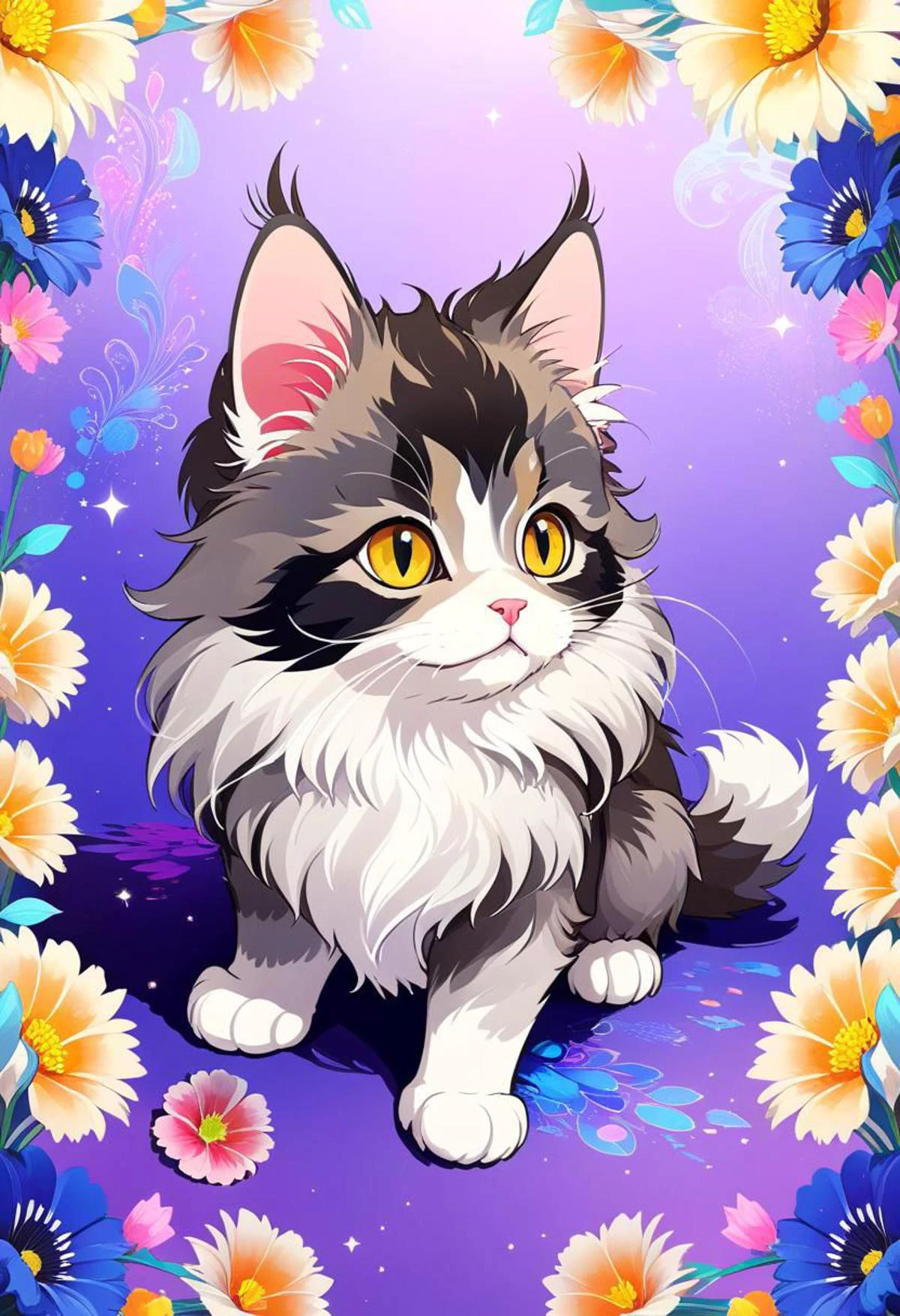 (masterpiece, top quality, best quality, beautiful and aesthetic:1.0), (beautiful cute maincoon :1.0), fantasy background with many abstract flowers