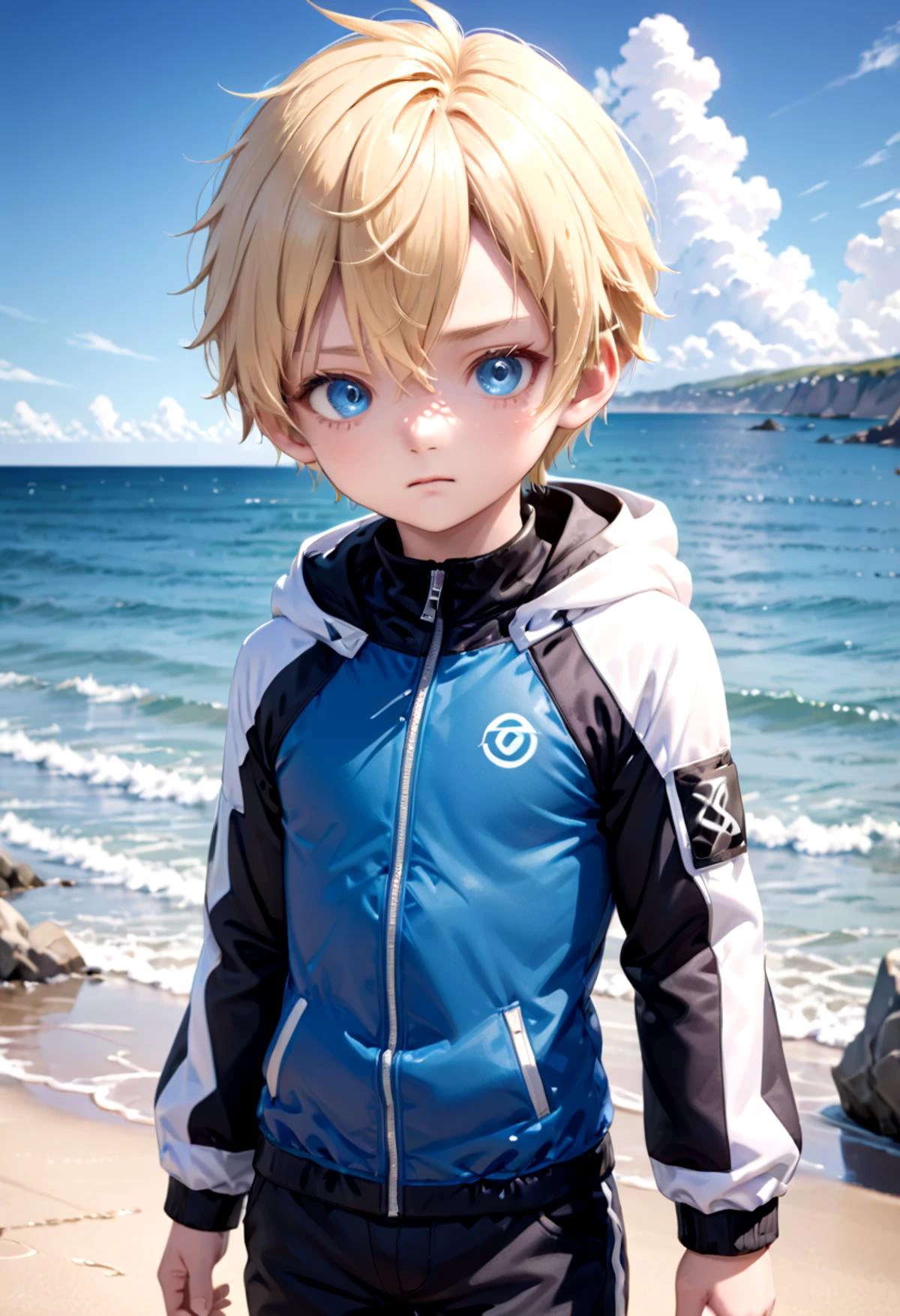 <lora:sota_epoch_13:0.6>,sota, solo,looking at viewer,short hair,bangs,blue eyes,blonde hair,long sleeves,1boy,hair between eyes,closed mouth,standing,wide rashguard jacket,male focus,cowboy shot,outdoors,sky,day,pants,cloud,hood,water,blue sky,ocean,beach,black pants,hood down,child,multicolored clothes,zipper,horizon,male ,wall,multicolored jacket,two-tone jacket , (masterpiece:1.2), best quality, high resolution, unity 8k wallpaper, (illustration:0.8), (beautiful detailed eyes:1.6), extremely detailed face, perfect lighting, extremely detailed CG,
The soft lighting and detailed surroundings create an immersive environment where imagination runs wild hyper-detailed,hyper-detailed face, high quality visuals, dim Lighting, sharply focused, octane render, 8k UHD