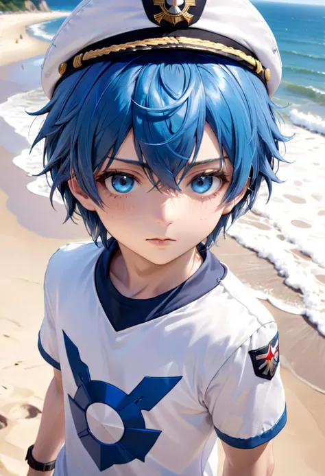 <lora:aoi-SDXL-v1:0.6>,1boy, aoi, blue hair, masterpiece, ultra detail, beach, blue eyes, cute shirt, captain cap,
(masterpiece:1.2), best quality, high resolution, unity 8k wallpaper, (illustration:0.8), (beautiful detailed eyes:1.6), extremely detailed face, perfect lighting, extremely detailed CG, (perfect anatomy),