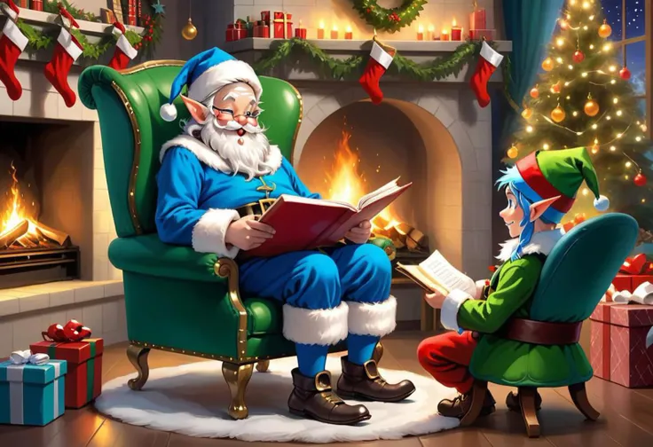 Christmas scene with two green easy chairs in front of roaring fire. Cute Blue Epoch Elf are sitting in one and Santa Clause is sitting on the other. Santa is reading a very long "Naughty" list. among christmas decorations, smile, fluffy, lights, holiday atmosphere, ultra-fine, digital painting
