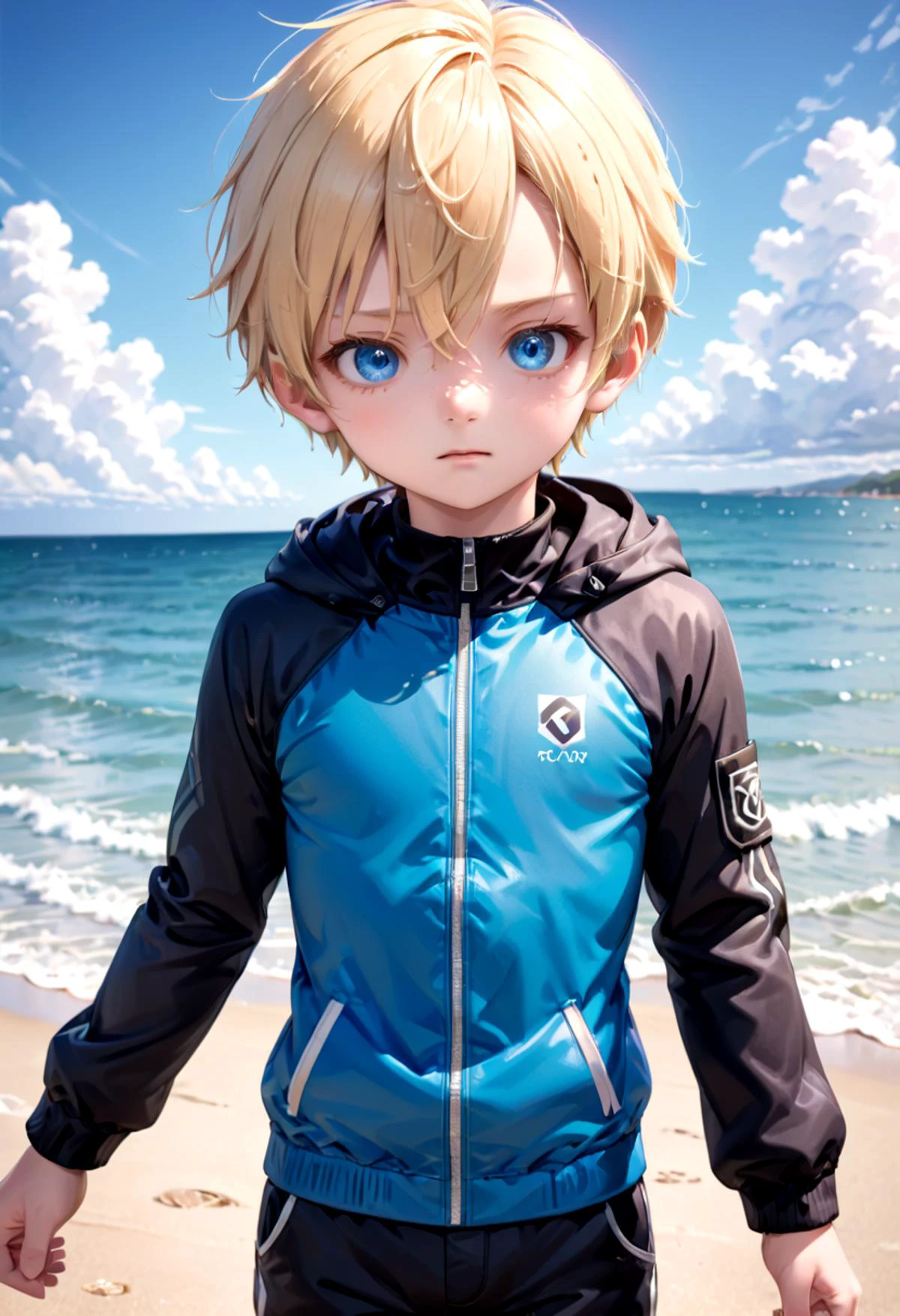 <lora:sota_epoch_13:0.6>,sota, solo,looking at viewer,short hair,bangs,blue eyes,blonde hair,long sleeves,1boy,hair between eyes,closed mouth,standing,wide rashguard jacket,male focus,cowboy shot,outdoors,sky,day,pants,cloud,hood,water,blue sky,ocean,beach,black pants,hood down,child,multicolored clothes,zipper,horizon,male ,wall,multicolored jacket,two-tone jacket , (masterpiece:1.2), best quality, high resolution, unity 8k wallpaper, (illustration:0.8), (beautiful detailed eyes:1.6), extremely detailed face, perfect lighting, extremely detailed CG,
The soft lighting and detailed surroundings create an immersive environment where imagination runs wild hyper-detailed,hyper-detailed face, high quality visuals, dim Lighting, sharply focused, octane render, 8k UHD