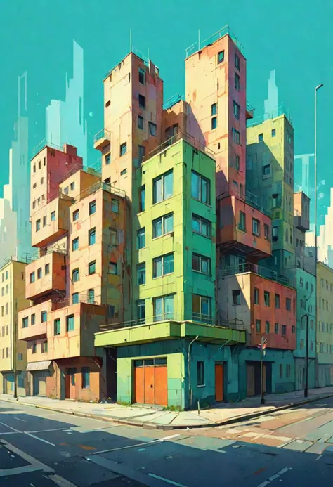 extremely wide close-up, Architectural drawing (slime grunge:1.24) style of a {Brutal Khrushchevka buildings on street road in the soviet city of Zelenograd), detailed cubism background, by (James Gilleard:1.36), clean lines, geometric shapes, minimalist, modern