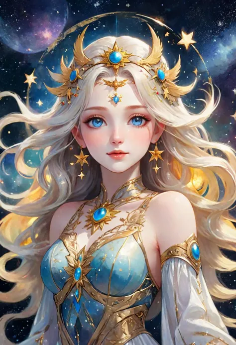 {A trustworthy face portrait of the {{sun & moon goddess}}, light and dark colored hair, {{{eyes with intricate details}}}, pale skin, fair faced, elegantly dressed with a {divine themed} attire, {{falling stars}}, galaxy background}, ({watercolored styled} masterpiece:1.5), (best quality:1.5), ((UHD:1.5)), (detailed face, detailed eyes, detailed mouth, detailed body, detailed hands, detailed clothes, detailed background, detailed scenery:1.5), (aesthetic + beautiful + harmonic:1.5), ({symmetrical intricate solar details + sharpen symmetrical lunar details}:1.5)
