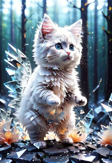 Little fluffy angora kitten made out of broken glass, big cute eyes, side view, full body,  best quality, masterpiece, highers, 4k, 8k, realistic, cartoon, background is a forest with mushroom houses, cartoona-animals, Made_of_pieces_broken_glass, glass, shards, broken glass, transparent glass, pieces of glass