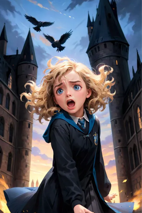 masterpiece, best quality, ultra-detailed, best shadow, evening, hogwarts background, 1girl, solo, a picture of a scared girl, blonde hair, curly hair, (girl floating in the air, girl above ground, girl in air:1.2), girl crying out in fear, (girl screaming:1.4), arms out to the sides, 15 years old, ravenclaw uniform, ravenclaw emblem, black robe, <lora:harry_potter_v1:1>