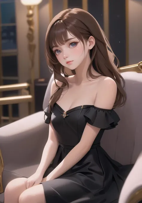 realistic,
a cute anime girl sits on a couch in a black dress, in the style of 8k, subtle pastel tones, shiny/glossy, dark brown and white, catcore, eerily realistic, i can't believe how beautiful this is
,wani wani panic,startrail,
ultra realistic detailed,aesthetic,best quality,(photorealistic:1.2),dynamic angle,elegant,realistic skin detail ,
strap_slip, bare_shoulders, off_shoulder,