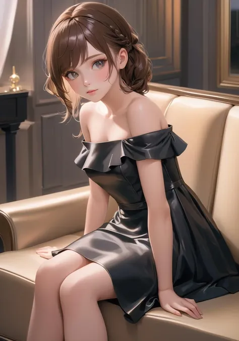 realistic, 
a cute anime girl sits on a couch in a black dress, in the style of 8k, subtle pastel tones, shiny/glossy, dark brown and white, catcore, eerily realistic, i can't believe how beautiful this is
,wani wani panic,startrail,
ultra realistic detailed,aesthetic,best quality,(photorealistic:1.2),dynamic angle,elegant,realistic skin detail ,
strap_slip, bare_shoulders, off_shoulder,