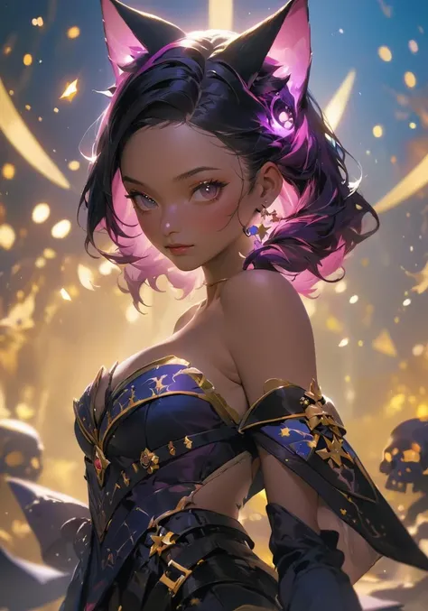 wani wani panic,startrail,
a pretty 19-year-old dark magical-girl plotting mischief, dark magical-girl outfit, cleavage, cat ears, skulls and terror, magical tattoos, vibrant magical particle effects, volumetric lighting, anti-aliasing, color-graded, bokeh, 1DOF, nikon D850,
ultra realistic detailed,aesthetic,best quality,(photorealistic:1.2),dynamic angle,elegant,realistic skin detail ,
strap_slip, bare_shoulders, off_shoulder,