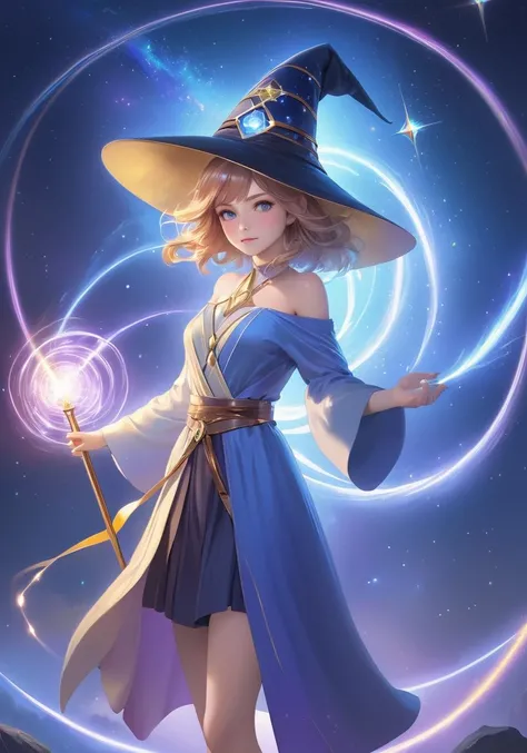 realistic, 1girl, solo, wizard hat, robe, holding staff, on magic circle, sparkles, light particles, crystal, prism, glowing light
,wani wani panic,startrail,
ultra realistic detailed,aesthetic,best quality,(photorealistic:1.2),dynamic angle,elegant,realistic skin detail ,
strap_slip, bare_shoulders, off_shoulder,