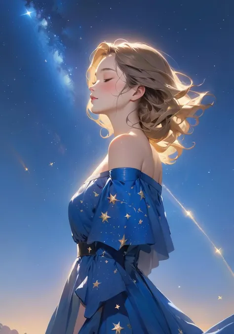 She looked at the deep blue sky, full of stars and dreams. She wished upon a shooting star, hoping that her wish would come true. She closed her eyes, and imagined a better future for herself and her loved ones.,star trail
,
ultra realistic detailed,aesthetic,best quality,(photorealistic:1.2),dynamic angle,elegant,realistic skin detail ,
strap_slip, bare_shoulders, off_shoulder,