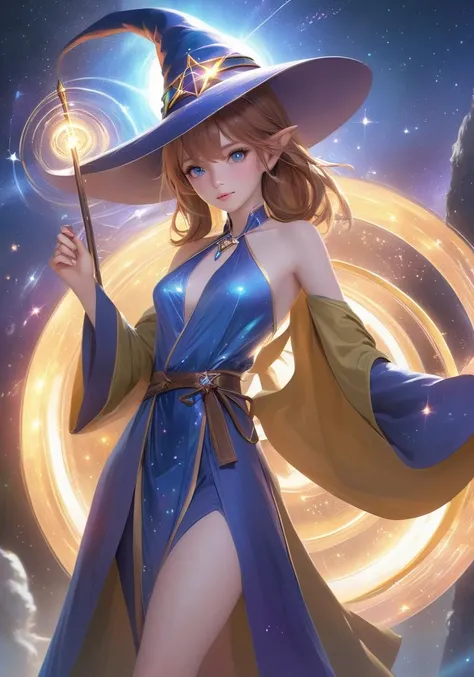 realistic, 1girl, solo, wizard hat, robe, holding staff, on magic circle, sparkles, light particles, crystal, prism, glowing light
,wani wani panic,startrail,
ultra realistic detailed,aesthetic,best quality,(photorealistic:1.2),dynamic angle,elegant,realistic skin detail ,
strap_slip, bare_shoulders, off_shoulder,