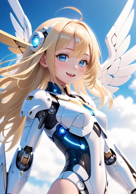highres, best quality, highly detailed CG unity 8k wallpaper, depth of field, super fine illustration, illustration, CG, 3D, extremely detailed,
mecha girl, white color, smile, open mouth, long hair, blonde, headgear ornament, blue eyes, cute face, kawaii, delicate hair, disheveled hair, floating hair, shiny hair, shiny skin, blue sky, white clouds, white wings, (particles of light, cinematic lighting: 1.3), (light pink lips: 0.8), robot, gundam, bodysuit, fortified suit, mechanical parts, robot joints, full armor